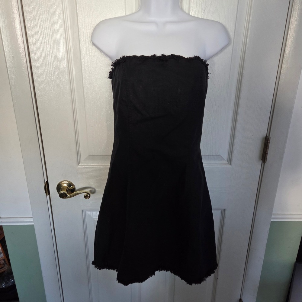 DISSH Black Linen Strapless Frayed Mini Dress Smocked Back 6 Little Black Dress